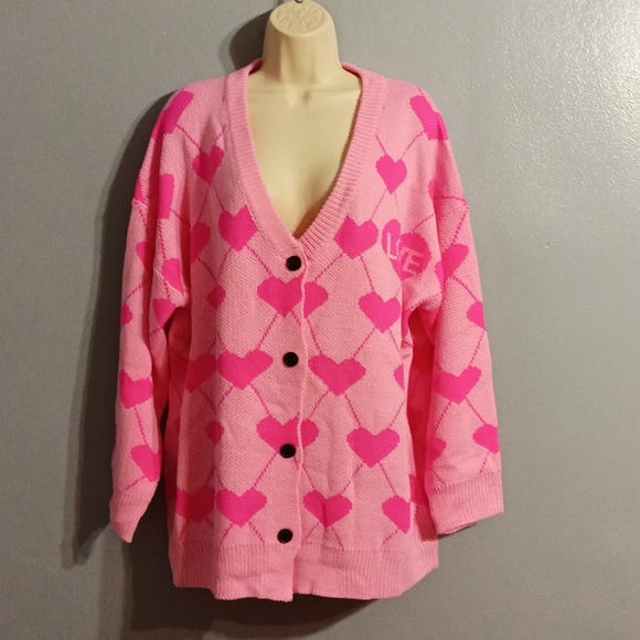 Shein Plus pink with pink  heart pattern drop shoulder cardigan duster s… - Picture 8 of 17
